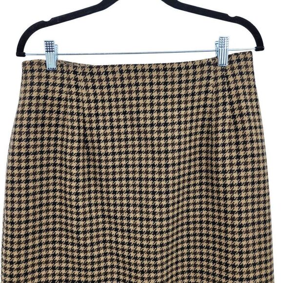 Vintage 80's Skirt Wool Tea Length Straight Houndstooth Plaid Academia Tan M - Picture 5 of 11